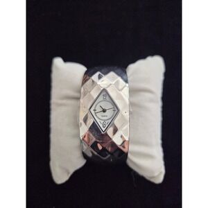 VTG Silver Tone Cuff Bangle Watch Diamond Face Japan Quartz Movement Clamper